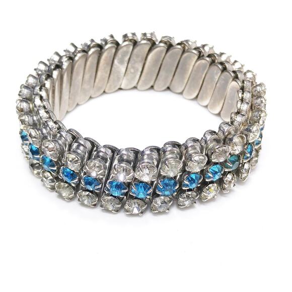 Vintage Rhinestone Expansion Bracelet, Clear & Turquoise, 1950s - Picture 1 of 10